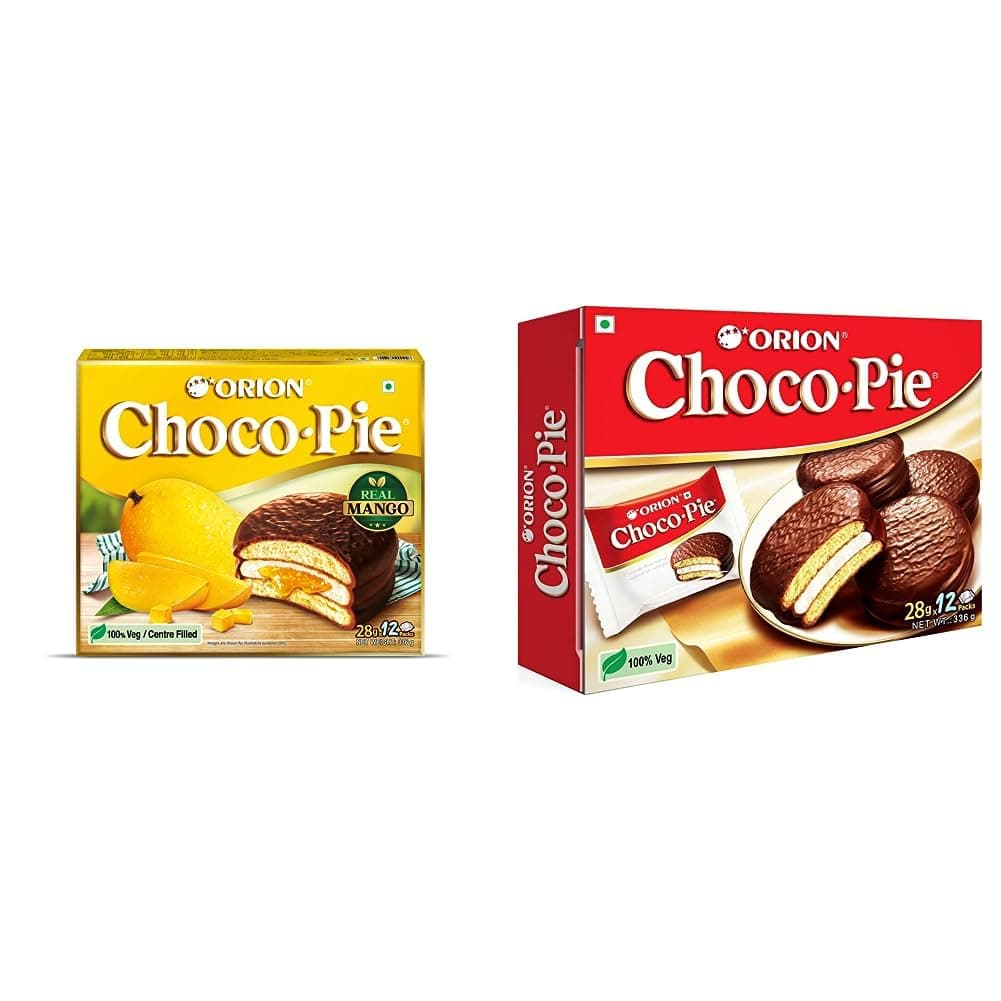 ORION Mango Choco Pie (12pies)|centre-filled chocolate biscuit & ORION Choco Pie - Chocolate Coated Soft Biscuit 12 Pcs Pack, 336 g