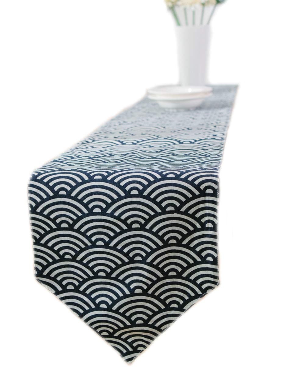 MorroMorn Japanese Table Runner/Placemats Sets, Classical Navy Burlap Linen (Fish Scales, 12"x87")