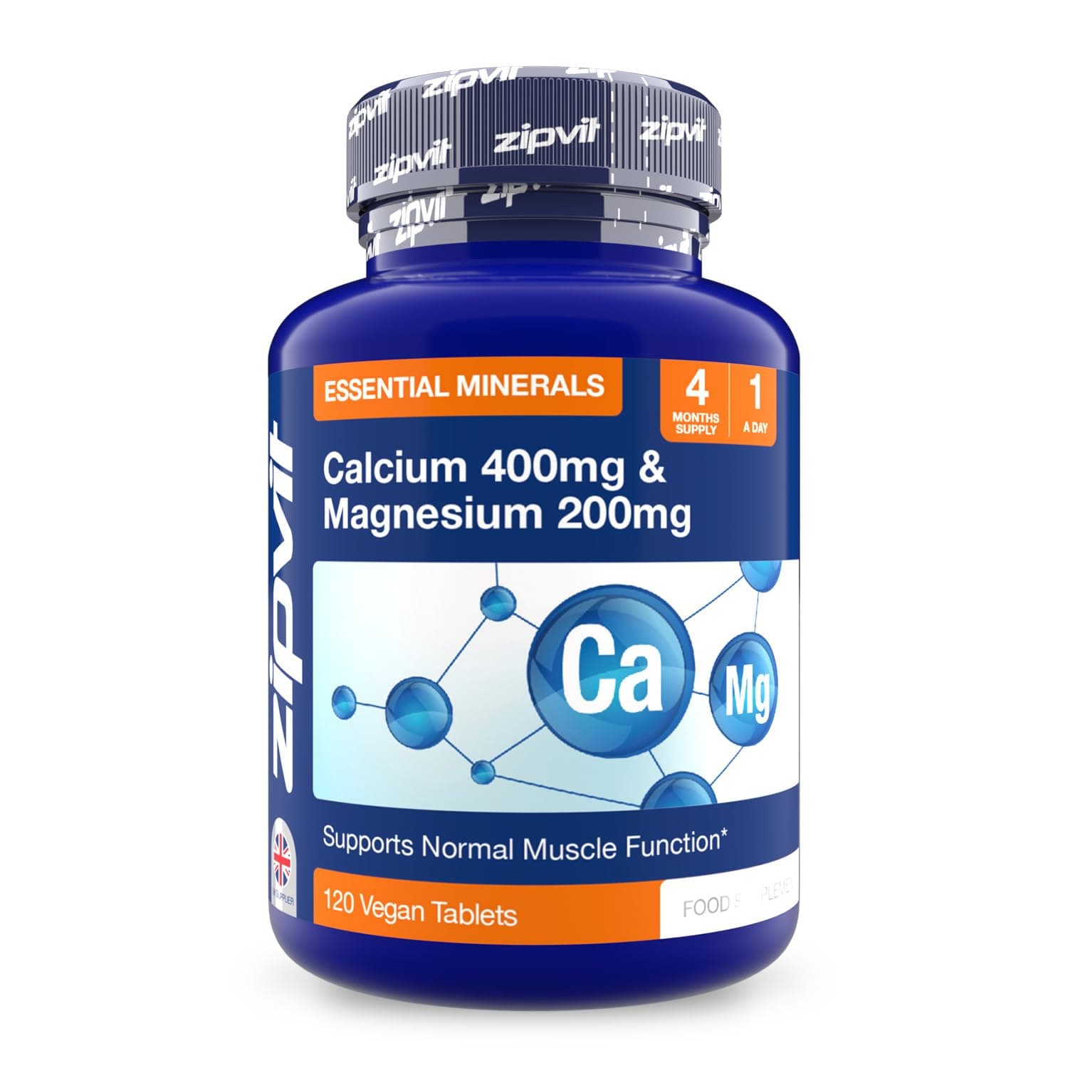 Calcium 400mg and Magnesium 200mg, Supports Muscle & Bone Health, 120 Vegan Tablets, 4 Months Supply