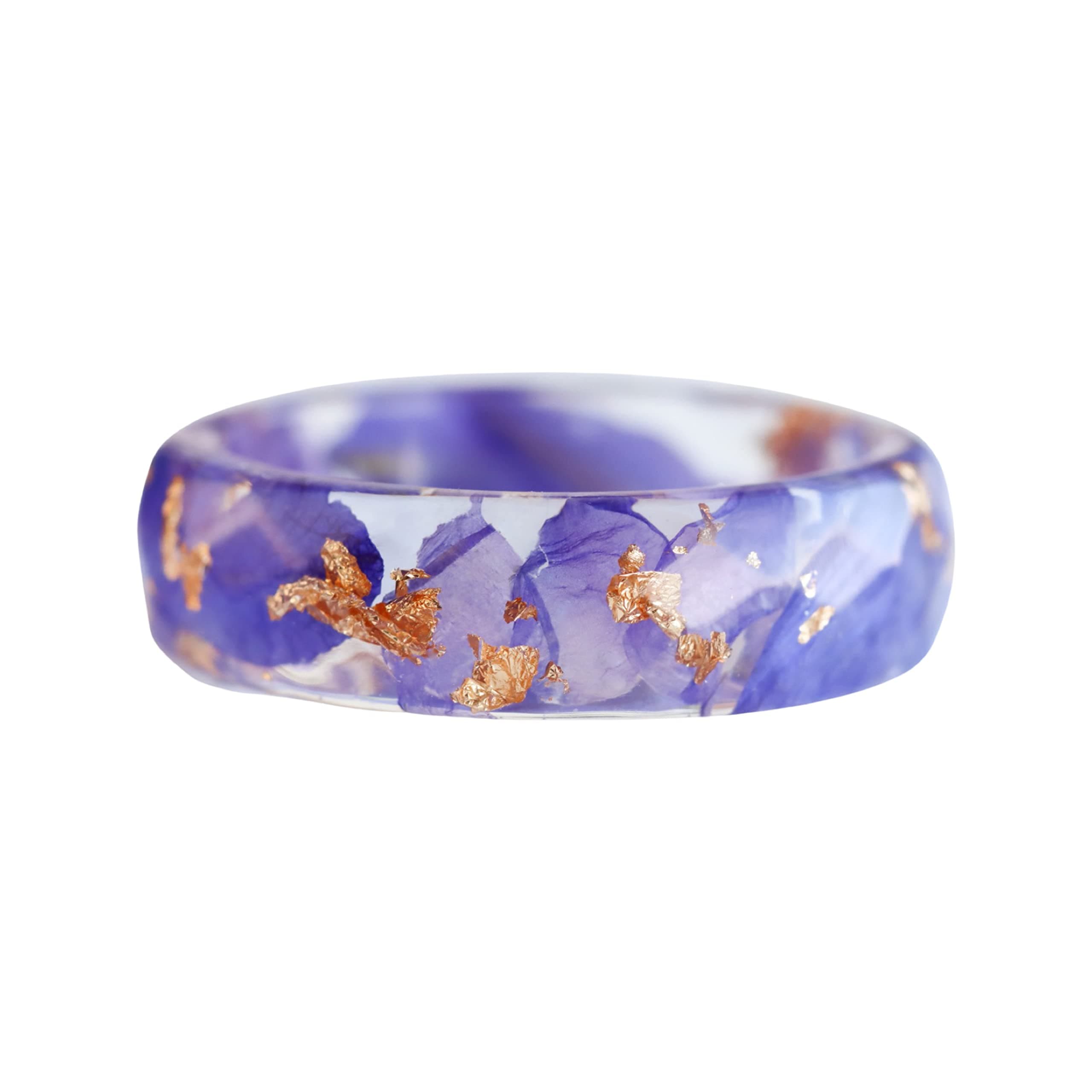 Floral Resin Ring Band with Real Purple Petals and Gold Flakes
