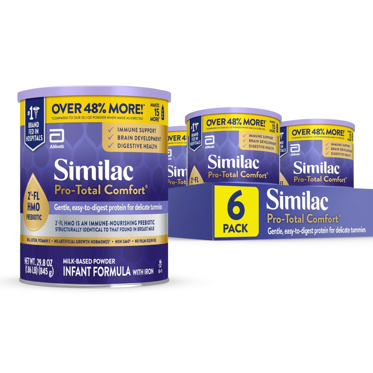 Similac Pro-Total Comfort Infant Formula With Iron, Gentle, Easy-to-Digest Formula, Has 2'-FL HMO for Immune Support, Non-GMO, Baby Formula Powder, 29.8-oz Value Can, Pack of 6