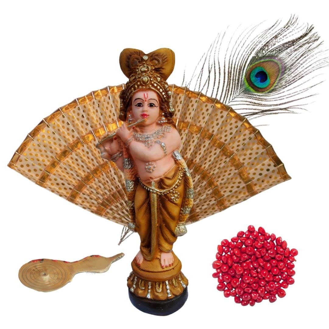 Vishu Kani Decorations- Polymarble Krishna,Thiru udayada, mayilpeeli, Brass Metal Piece and manjady [Traditional Vishu Kani Items], 29 cm Height