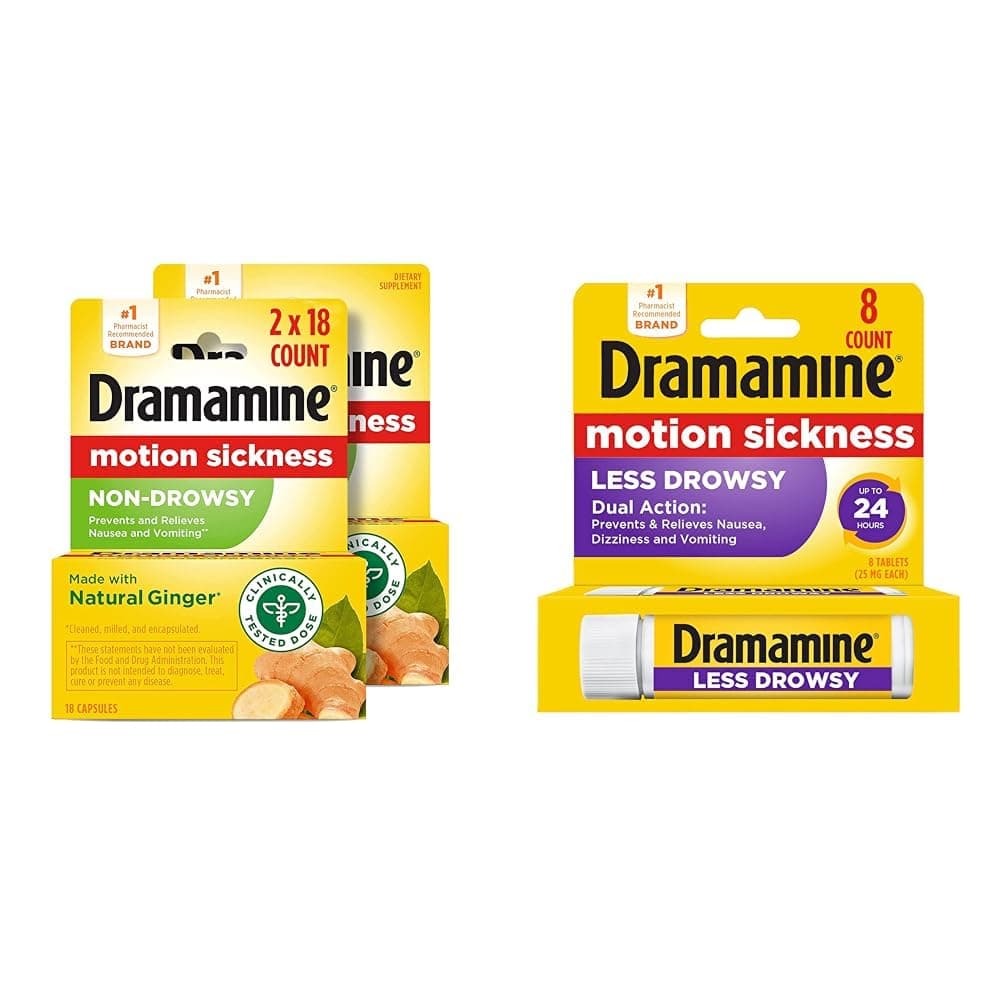 Non-Drowsy, Motion Sickness Relief, Made with Natural Ginger, 18 Count, 2 Pack & Motion Sickness Relief Less Drowsey Formula, 8 Count