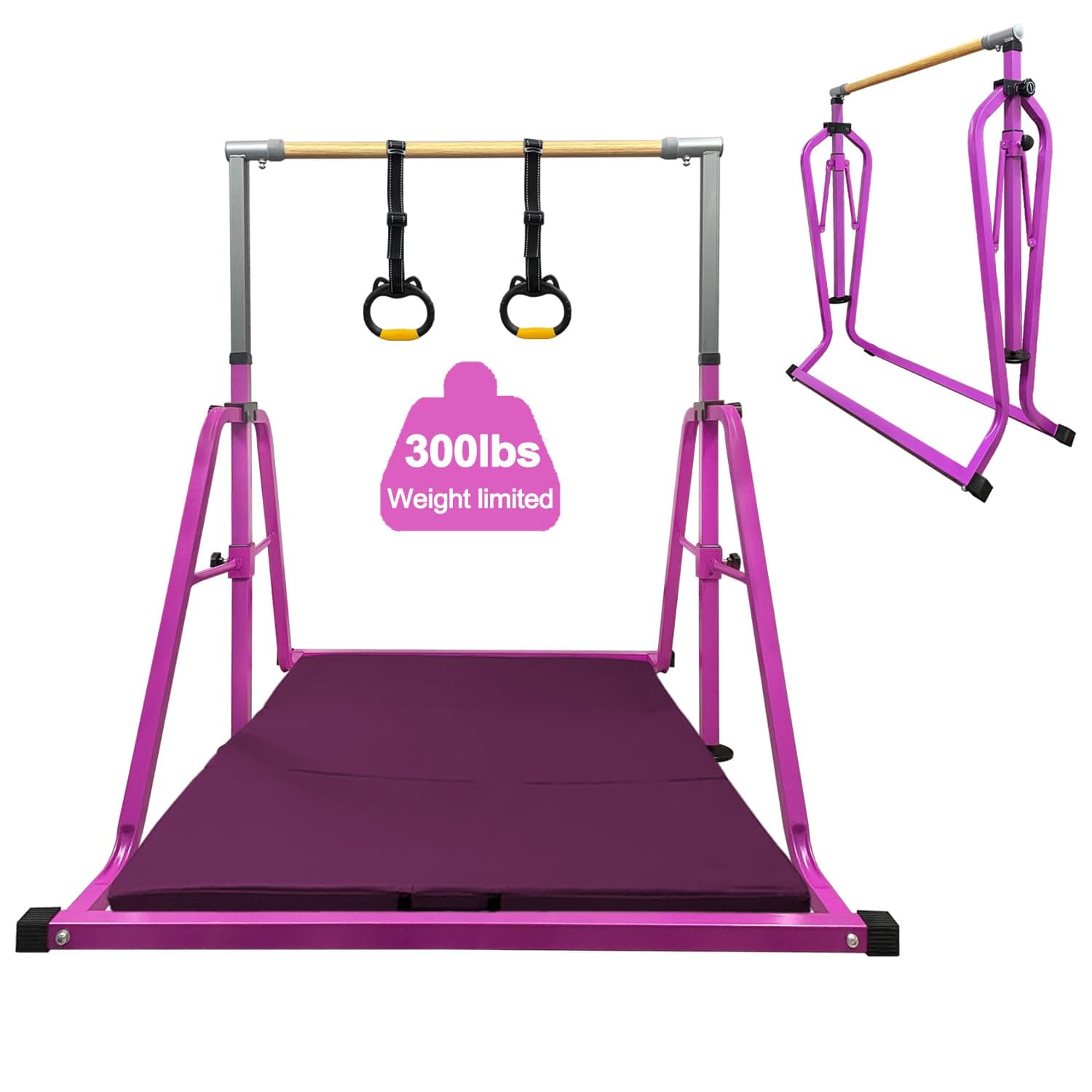 Foldable Gymnastics Kip Bar,Horizontal Bar for Kids,No Wobble Gym Equipment for Home Indoor,3' to 5' Adjustable Height,Gymnasts 1-4 Levels,300 lbs Weight Capacity