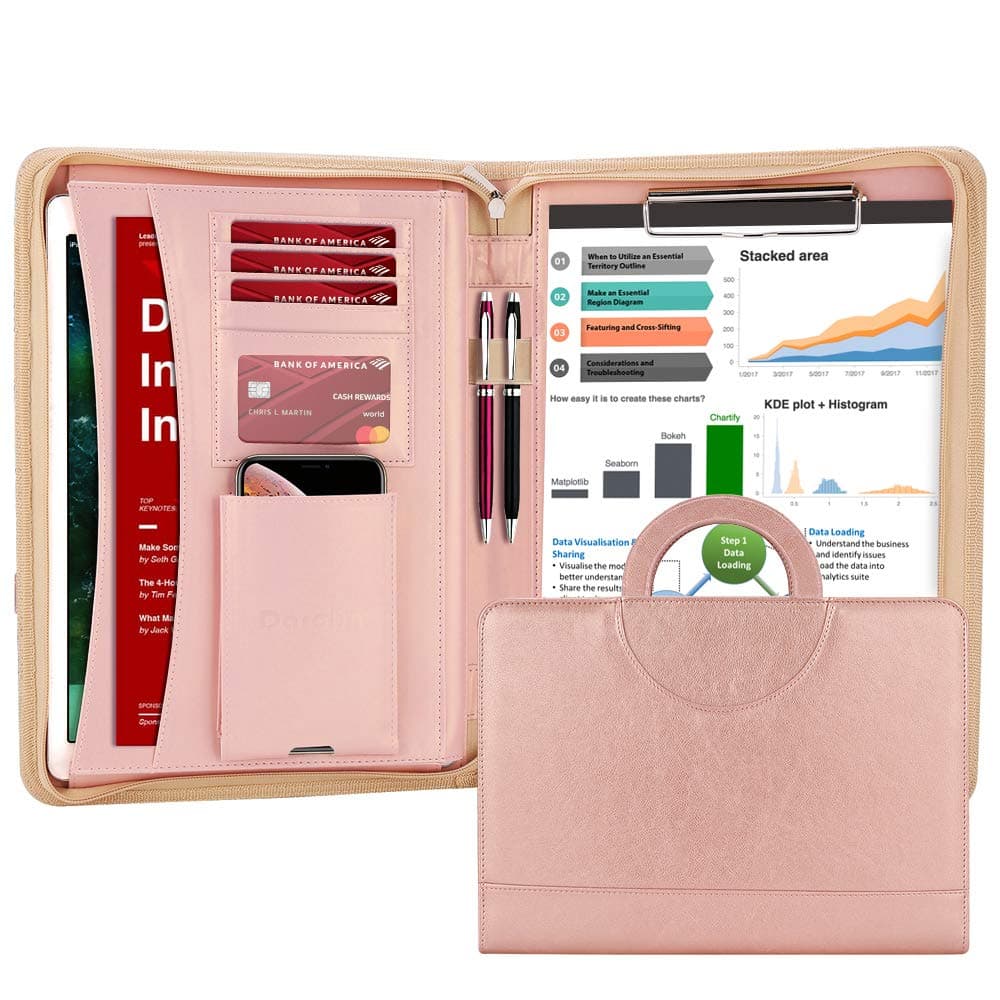 Darolin Zippered Leather Padfolio Portfolio with [Hidden Handle] and [Clipboard], Business Conference Portfolio Organizer Notepad Folder, Padfolio for Women/Men (Rosegold)