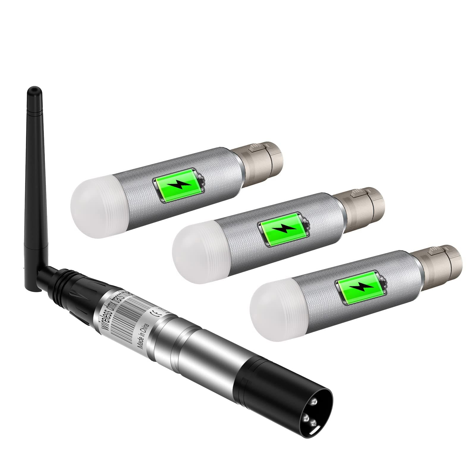 DMX Wireless 4Pcs, 3 Pcs Rechargeable Receivers and 1 Pcs 2.4G DMX 512 Transmitter, Long Version Wireless DMX Transmitter Receiver for LED Stage Disco Party Bar Lighting, Sliver