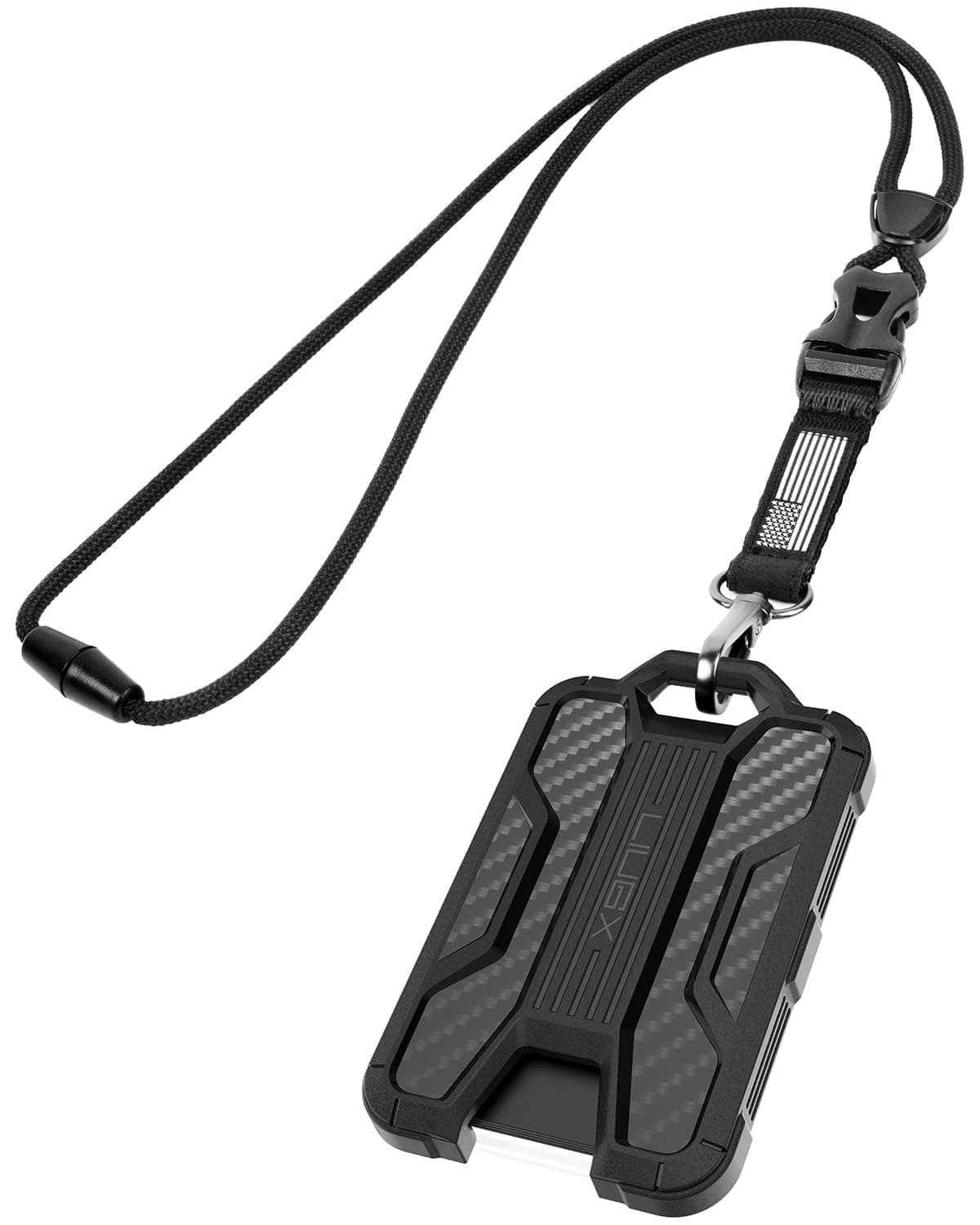 LIUGX Badge Holder with Heavy Duty Breakaway Lanyard, Carbon Fiber-Texture, Durable ID Card Holder (Holds 4 Cards) with Quick Release Detachable Buckle, Metal Clip, American Flag