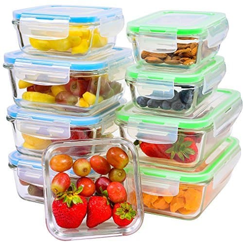 Glass Meal Prep Containers with Lids, 9 Piece Leakproof Food Storage Container Set, 5 Different Portion Control Sizes with Airtight Lock, Microwave, Freezer, Dishwasher-Safe Lunch Dishes