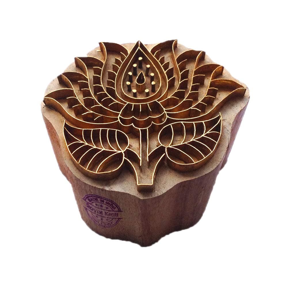 Trendy Printing Stamp Brass Lotus Shapes Wooden Clay Block BSCtag006