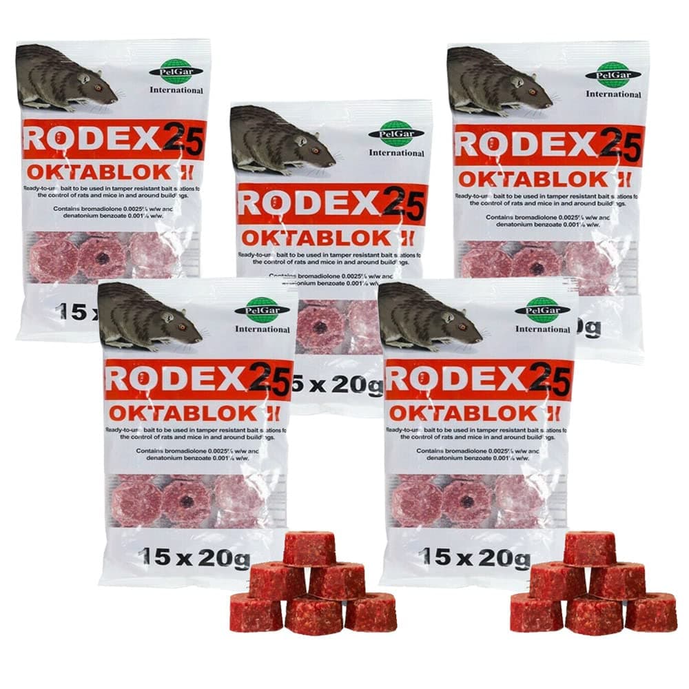 Rat Poisoning Blocks Wax Block Bait Mouse Bait Block Single Feed Rodent Killer Block Max Strength Fast Acting All Weather Bait Block Pack of 5 (Rodex Oktablock-ll - 300g).