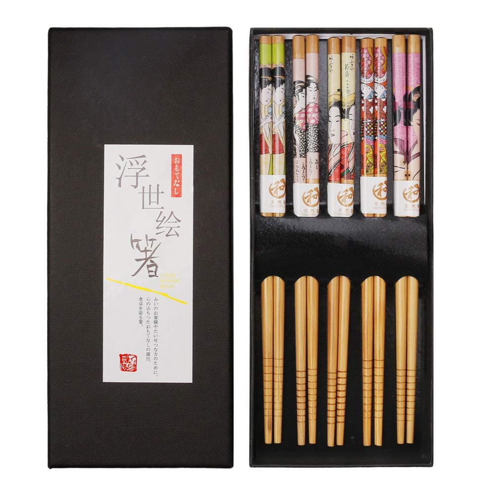 nuoshen Chopsticks Gift Set, 5 Pairs of Natural Wood Reusable Chopsticks Set with Luxurious Black Handmade Box for Sushi, Noodle, Rice, Ramen -Decorated Japanese Style