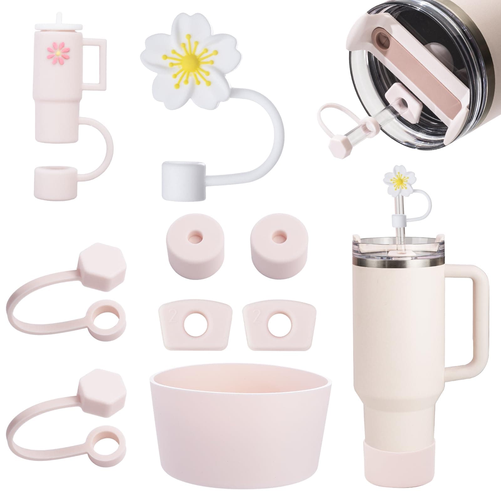 Stanley Cup Accessories Set - 6 Pcs Silicone Spill-Proof Stoppers, 2 Straw Cover Caps, 1 Silicone Boot for 40oz & 30oz Cups (Quartz Rose)