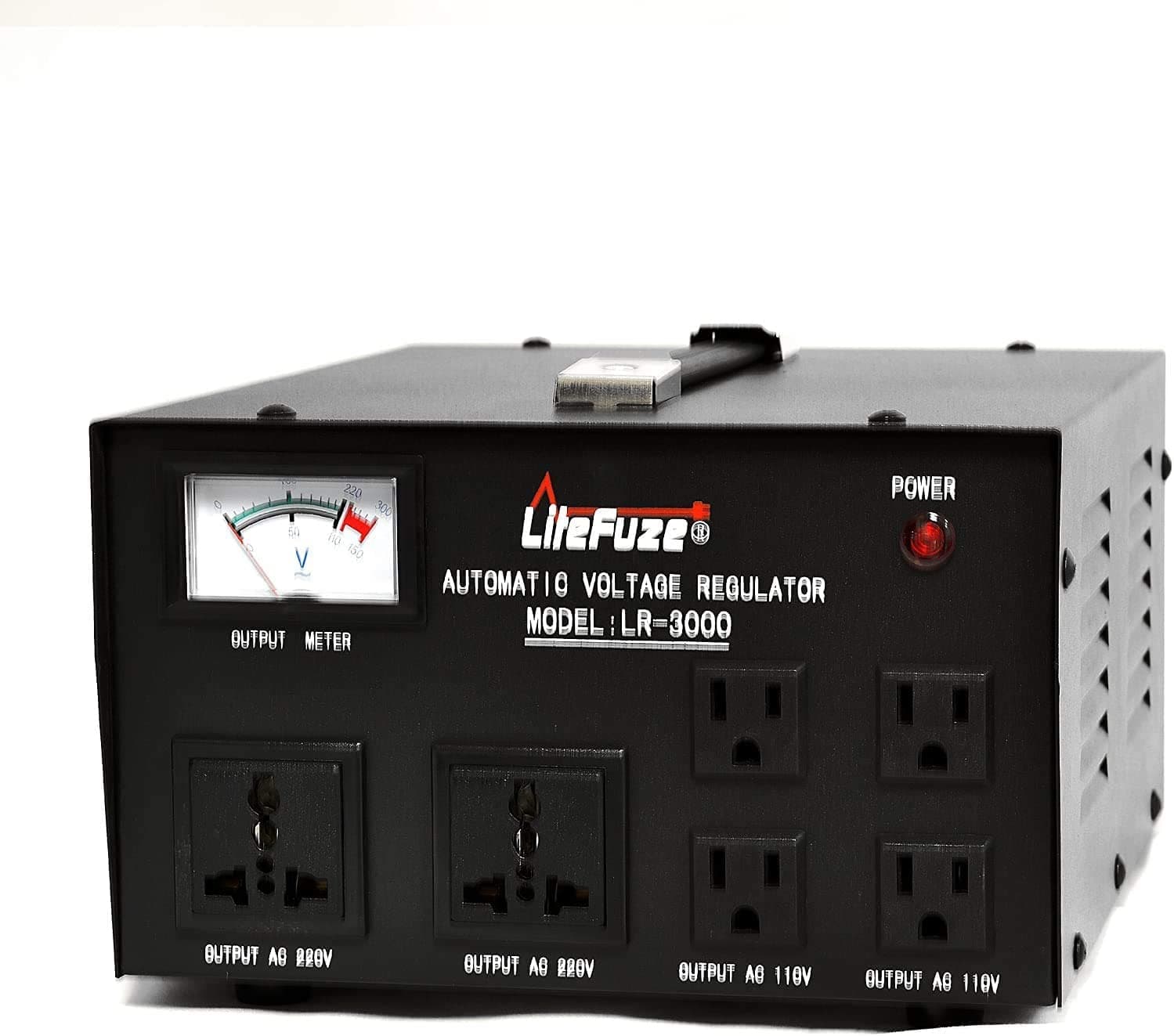 LiteFuze 3000 Watt Voltage Converter Transformer Heavy Duty Regulator Meter - Step Up/Down - 110/120/220/240 Volt - Fully Grounded Cord - Universal Output Sockets, Model: LR-3000UP
