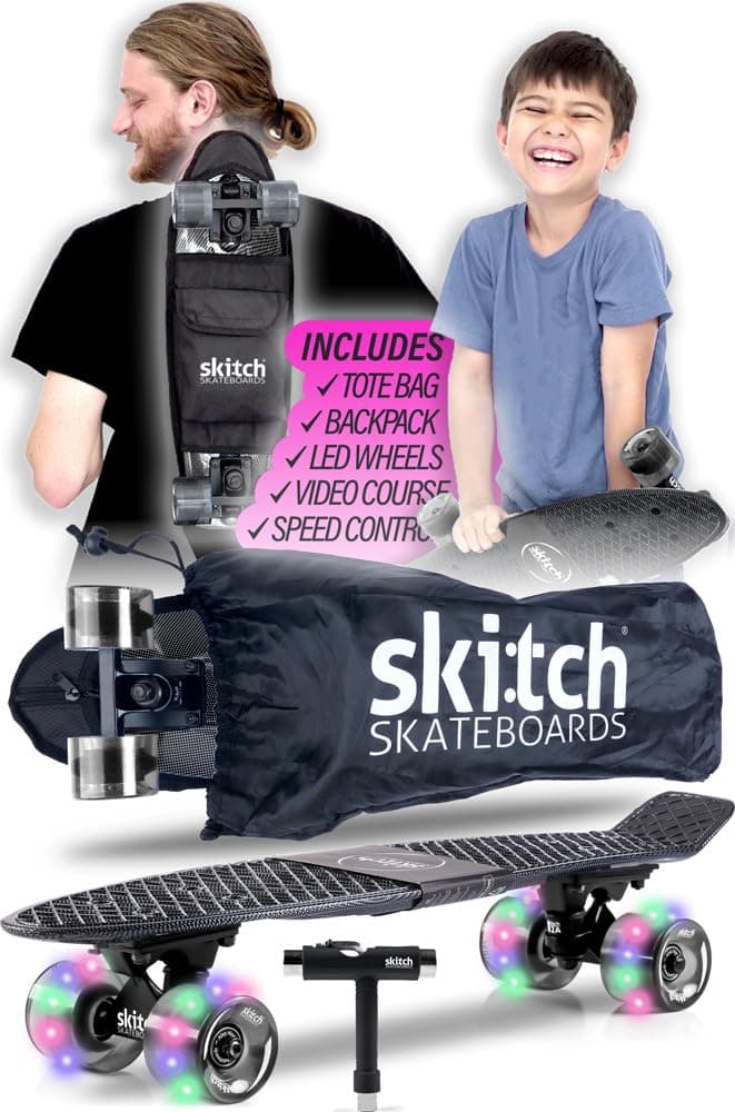 SKITCH Skateboards for Kids Ages 6-12 | Premium Skateboard Gift Set Beginners Complete with Mini Cruiser Board + Skateboard Backpack + Speed Control + Skate Tool + Tote Bag