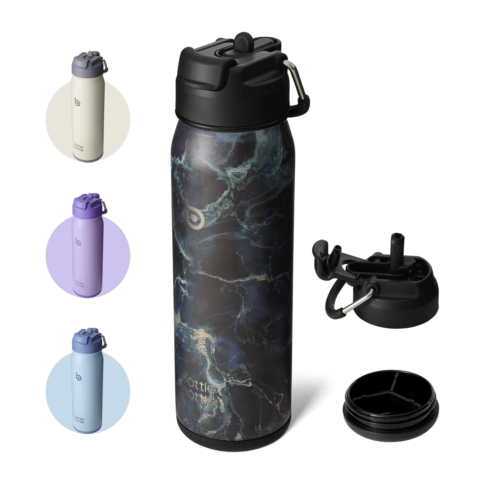 BOTTLE BOTTLE Insulated Water Bottle Stainless Steel 700ml（24oz） Bike Water Bottles with Straw and Adjustable Lid Daily Drink Flask Pill Organizer (black stone)