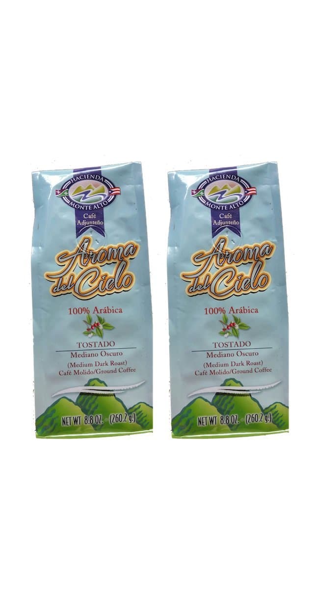 Aroma del Cielo Cafe Molido Ground Caribbean Coffee from Puerto Rico (2 Pack) 8.8 Ounces Includes Two Envelopes of Sason Accent