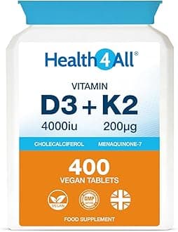 Vitamin D3 4000iu & Vitamin K2 200ug (Natural MK7) 400 Tablets (1+ Year Supply) Vegan Vitamin D3 K2 Supplement, High Strength MK-7 from Natto, Made in The UK