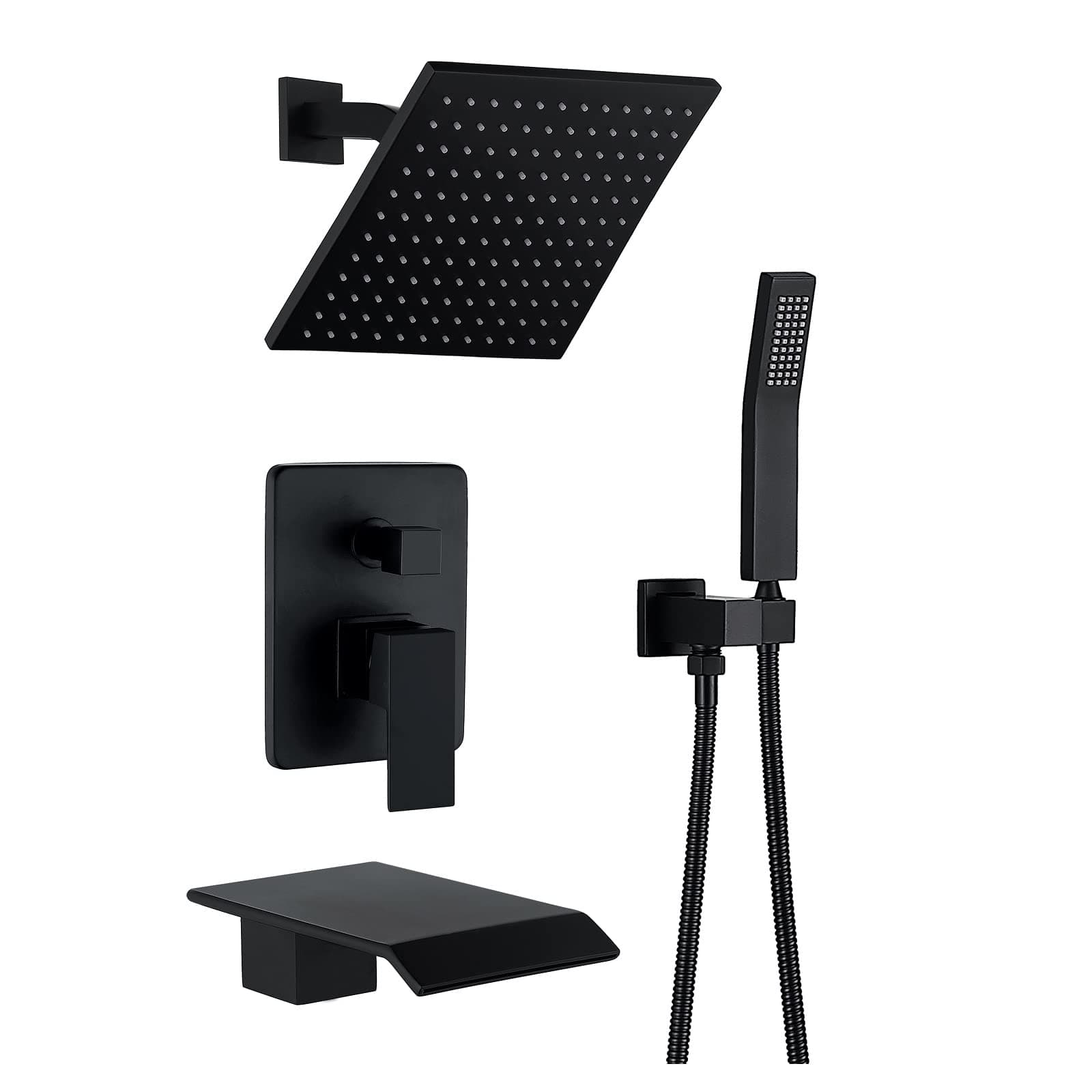 Bathtub Shower System Matte Black Wall Mount Shower Fixtures with 8 inch Rain Shower Head and Handheld Shower Waterfall Tub Faucet set