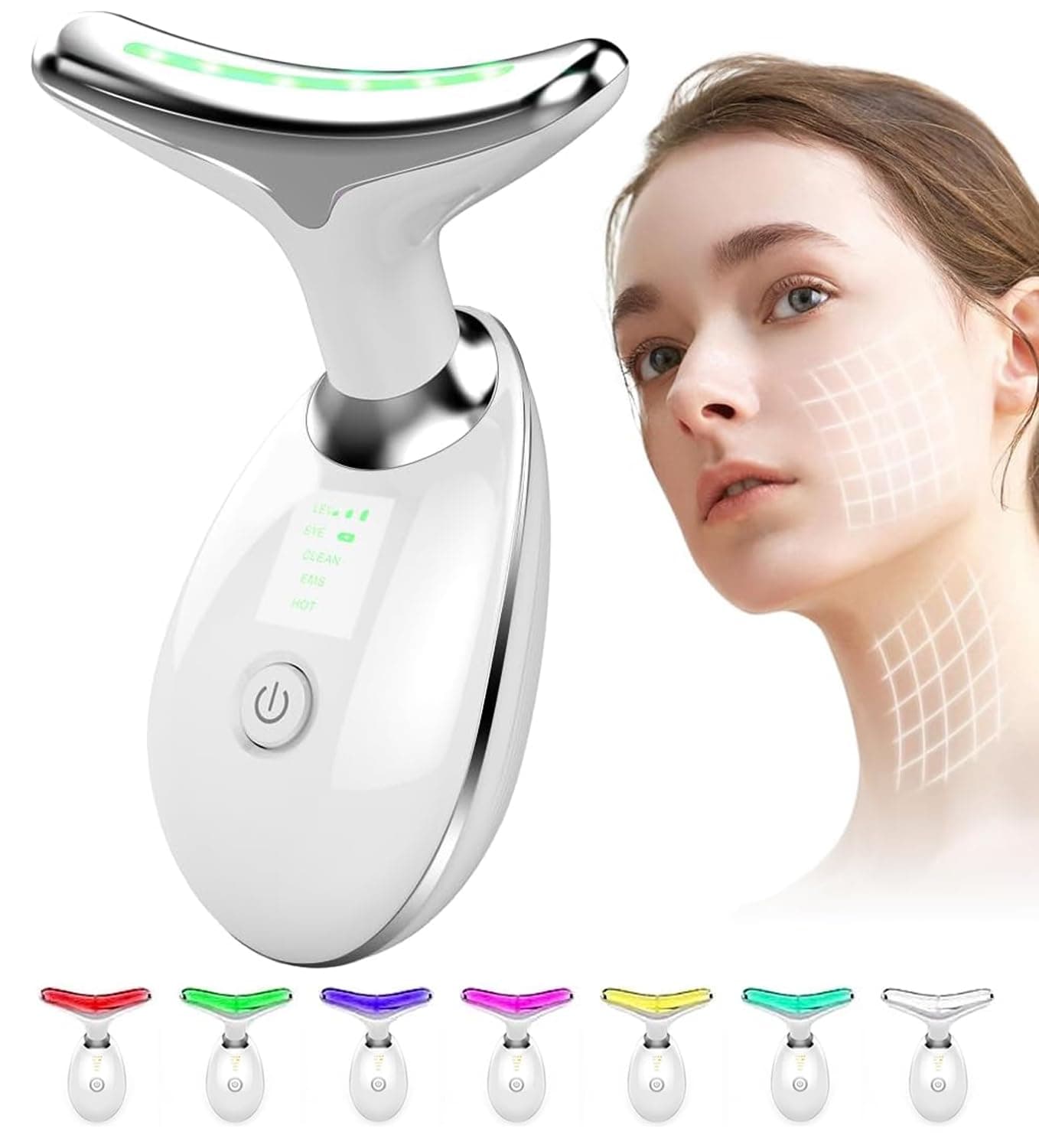 SAMMOO® Face Massager Against Wrinkles, 7 Color LED Light - Red Light Therapy Face Lifting Device 7 IN 1, 45°C V Face Neck Massager Beauty Device for Skin Rejuvenation, Tightening & Lifting (7 Color)
