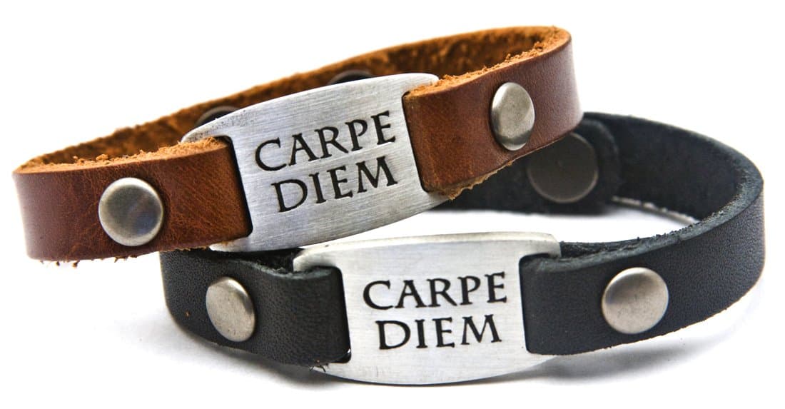 DIllon Rogers " Carpe Diem Men's Leather Bracelet with Metal I.D. Style Charm - Black or Brown