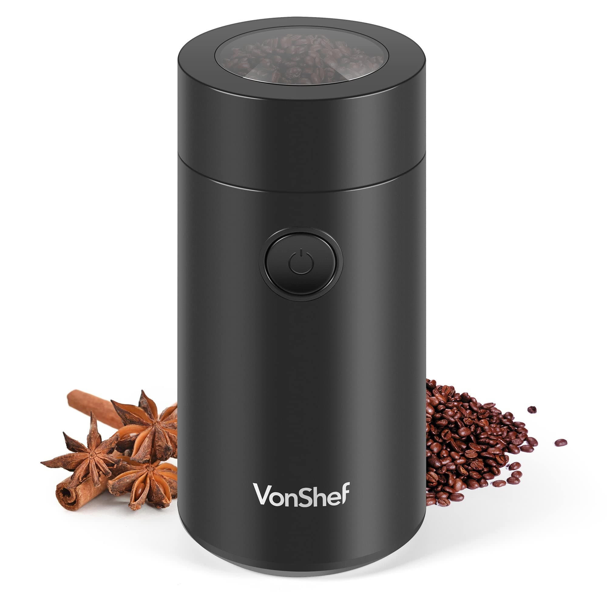 VonShef Electric Coffee & Spice Grinder, for Espresso Beans, Nuts & Grains - Bean & Spices Chopper with Powerful Motor and Tough Stainless Steel Blades, Grind up to 60g / 4 Cup Capacity - Black 150W
