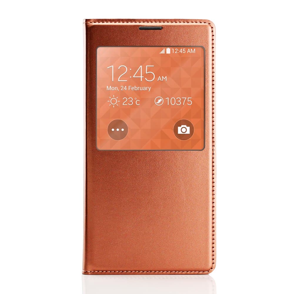 Gearonic Samsung Galaxy S5 i9600 PU Leather Slim Ultra Thin S VIEW Flip Case with Battery Cover - Non-Retail Packaging - Gold