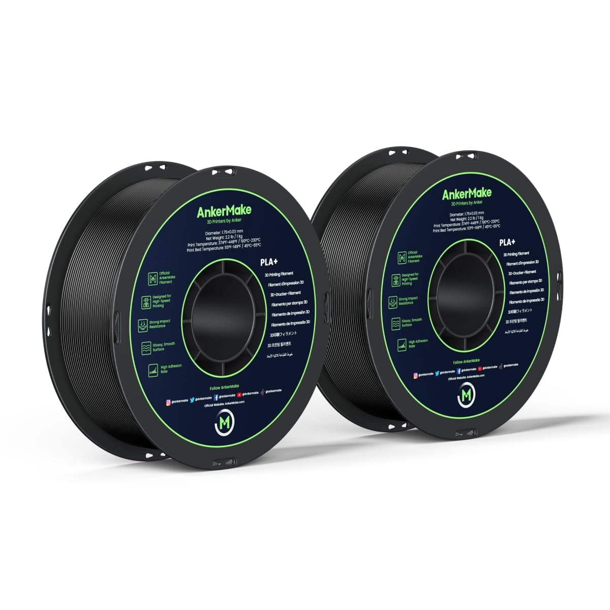 AnkerMake PLA+ 3Dプリントフィラメント AnkerMake 公式フィラメント 2パック 4.4ポンド/2kg 滑らか 高接着率 高速印刷用に設計 - ブラック