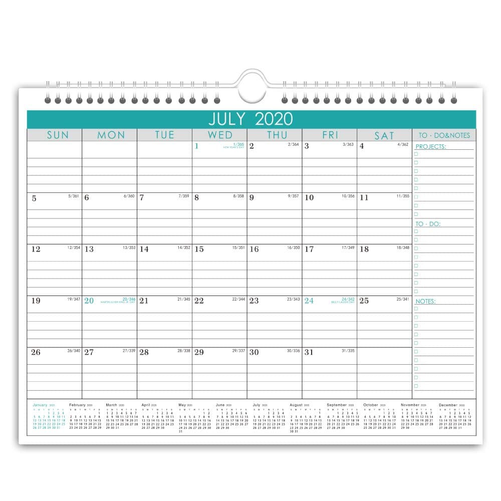 Wall Calendar Monthly Overview with Julian Date, 2020 Yearly Planner with Wire Bound Hanger, 18 Monthes Academic Desktop for Office and Family,11.5 × 15 inches