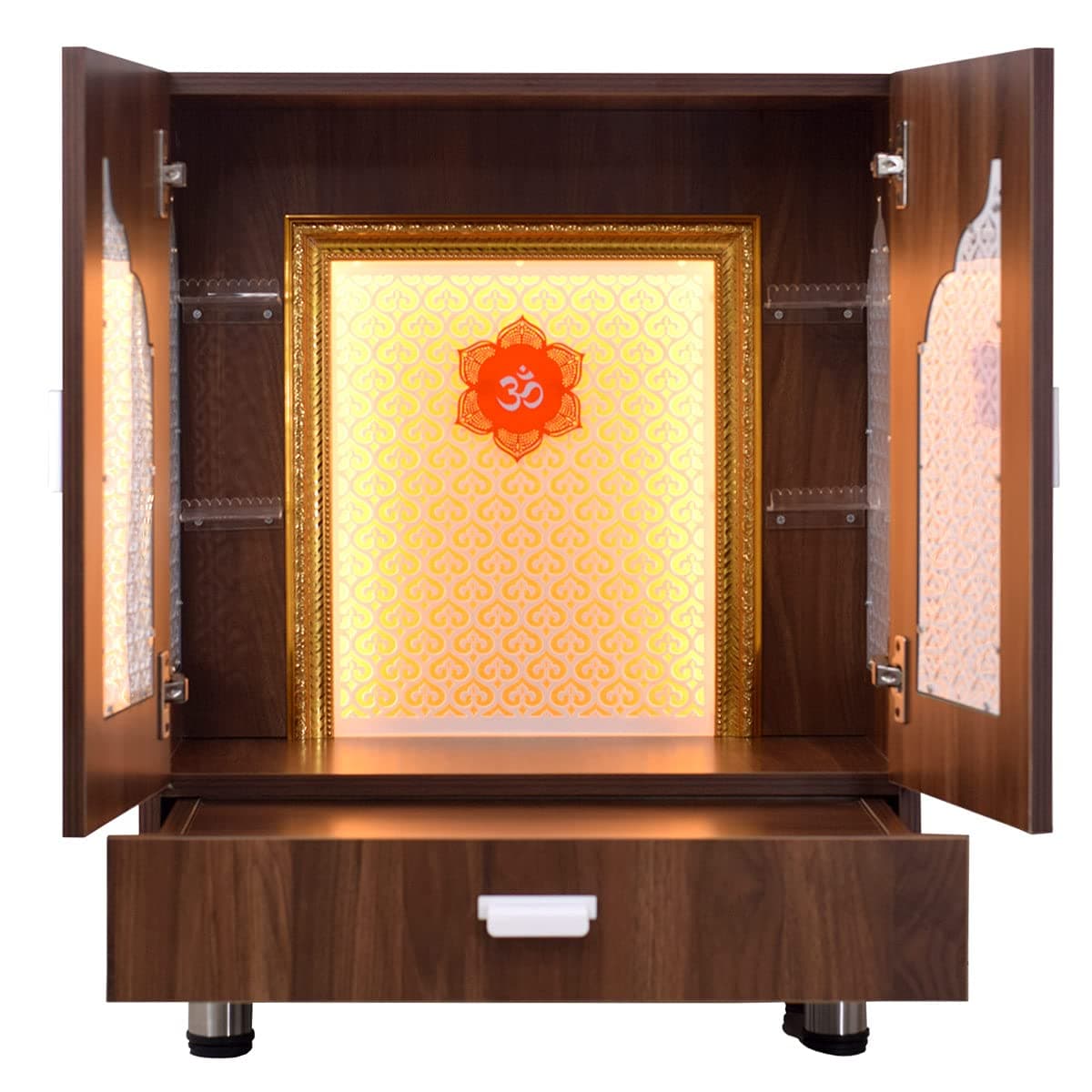 Devyom Home Temple/Home Mandir/Wooden Mandir with Doors in Walnut Brown Colour