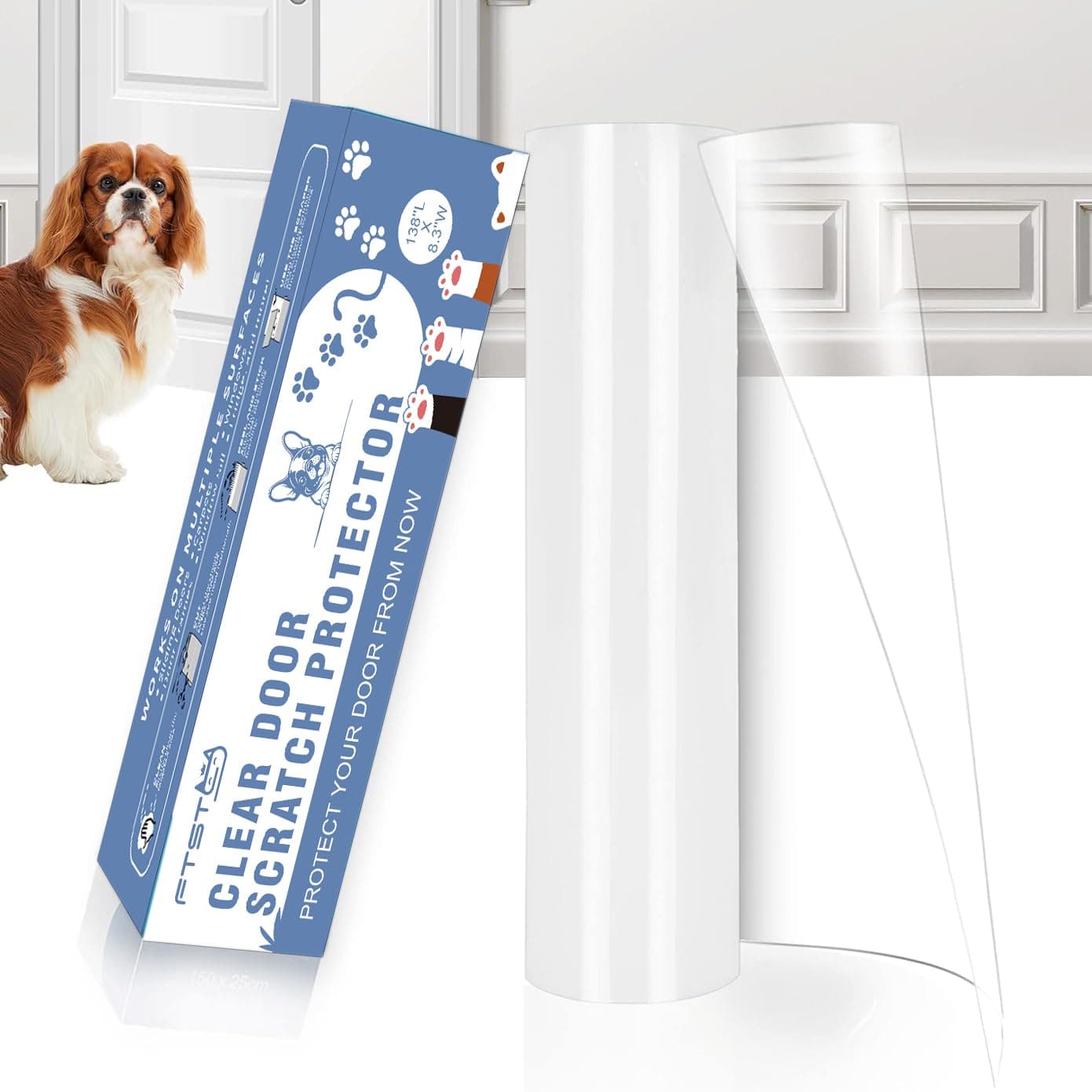 FTSTC Door Protector from Dog Scratching, [Thicken Vinyl] Heavy Duty Flexible Couch Corner Door Claw Shield, Anti-Scratch Guard for Furnitures, Window,Cat Scratch Tape-(130in X 8.3in)