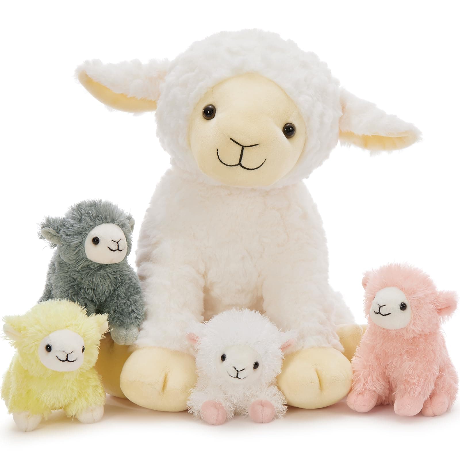 Muiteiur 5Pcs Lamb Stuffed Animals, Soft 13.8" Sheep Stuffed Animals Set for Kids, Cute Sheep Plush with 4 Baby Lamb Toys, Gift for Birthday