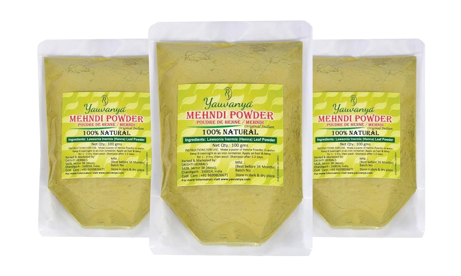 Yauvanya Original Indian Pure and Natural Henna (Mehndi) for Hair - 3X100 gms
