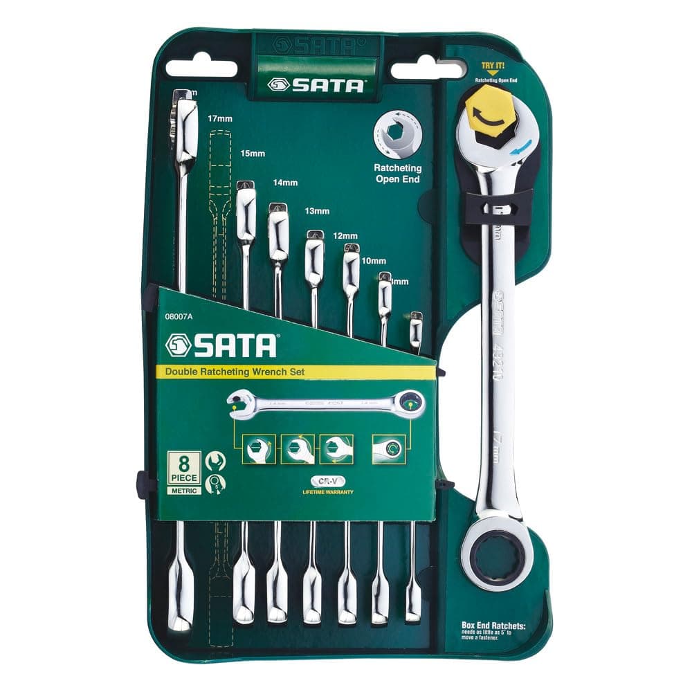 ST08007ASJ 8-Piece Metric Double Ratcheting Wrench/Spanner Set, Polished, 8mm - 19mm, with Storage Tray