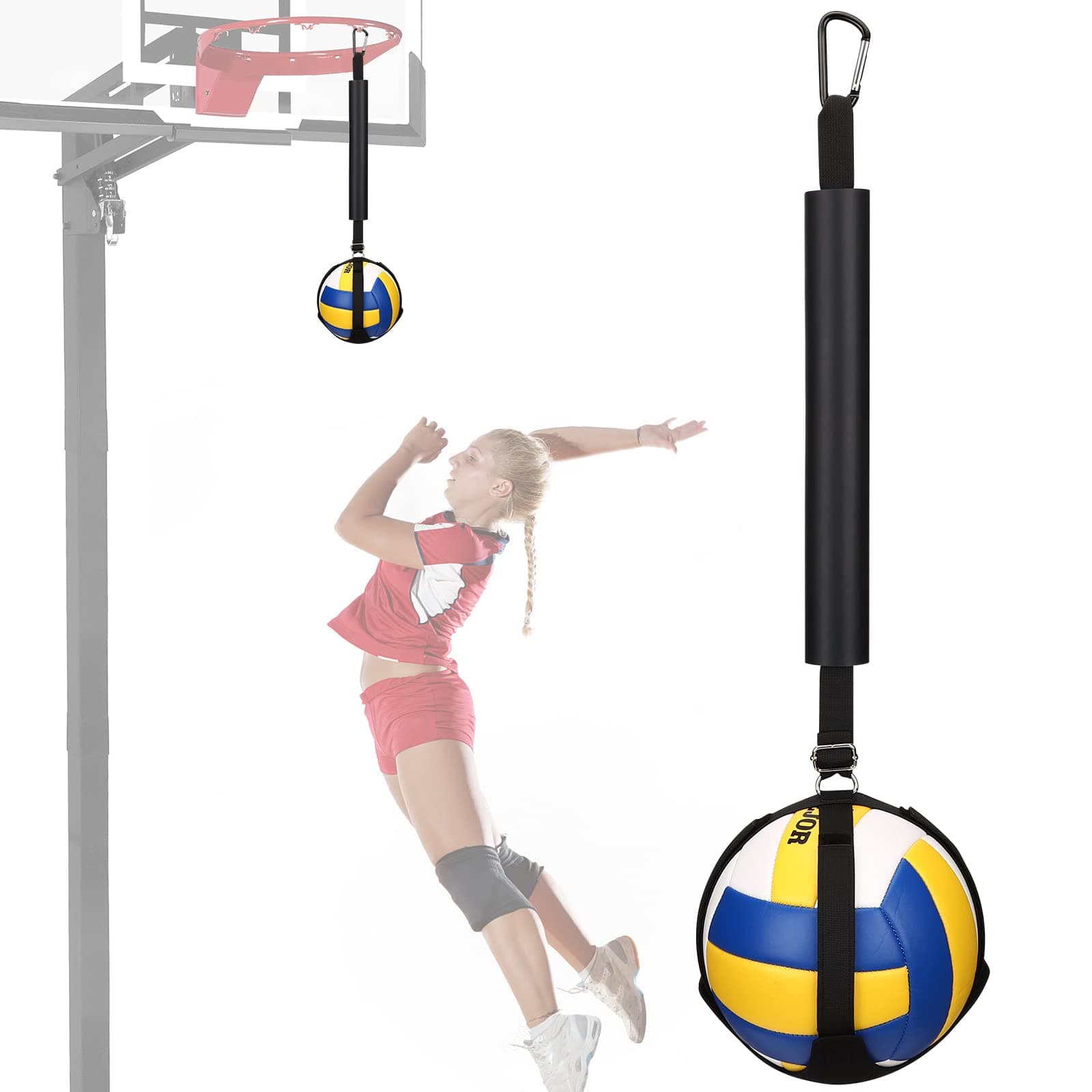 TOBWOLF Volleyball Spike Trainer with Bottom Holder, Volleyball Spiking Pal for Basketball Hoop, Adjustable Volleyball Holder, Solo Exercise Trainer to Improve Serving and Spiking Power