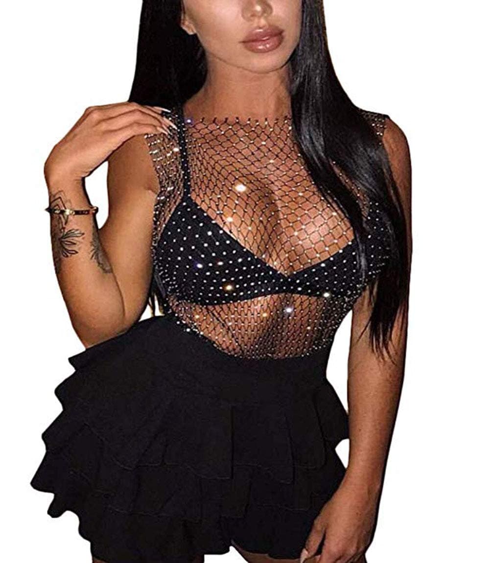 Women Mesh Tank Tops Shiny Crystal Diamond Rhinestone Elastic Hollow Out Crop Tops T-Shirt Sleeveless for Concert Music Festival Dance Club Party Rave Costume(Black)