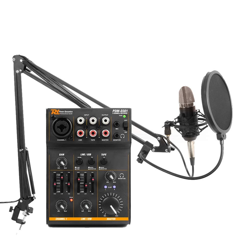 Podcast Starter Kit with Studio Condenser Microphone, 3-Channel USB Audio Mixer, Adjustable Boom Stand & Pop Filter for Recording, Live Streaming & Home Studio Setups