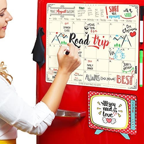 Dry Erase Magnetic Calendar Set/Large Refrigerator Board & Groceries List Kitchen Organizer for Busy Moms/Monthly Planner Whiteboard with Gift Package