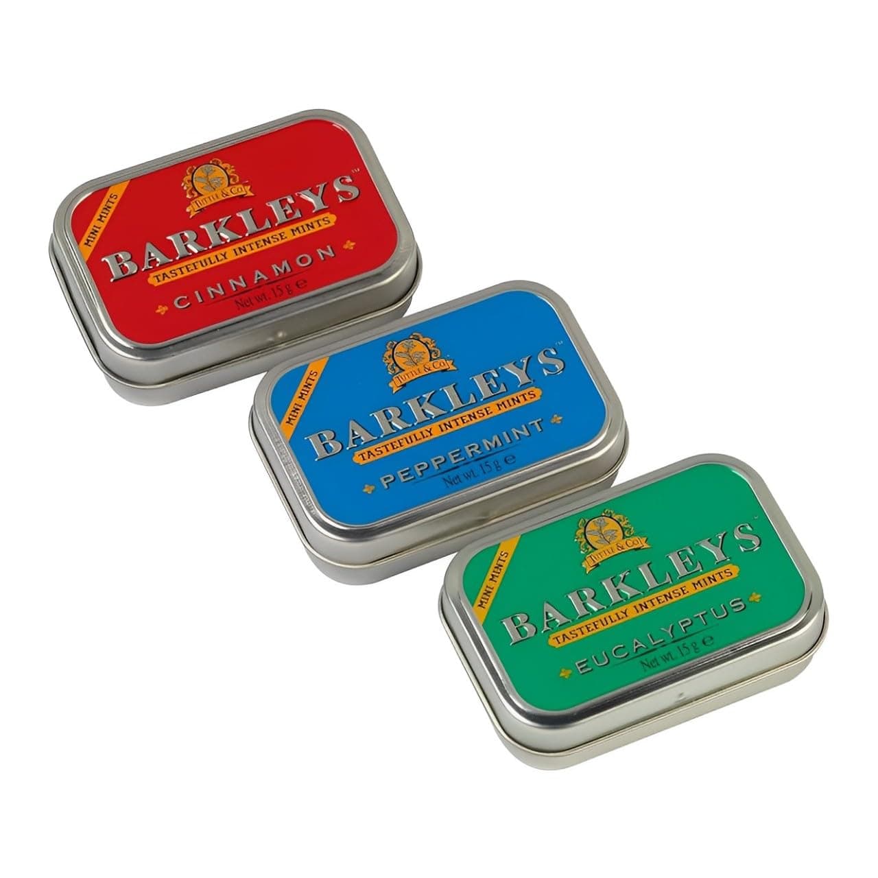 Barkleys Assorted Breath Mints - 3 Strong Flavors: Peppermint, Cinnamon, Eucalyptus Cool Mint Candy For Every Day Use - Vegan Breath Mints In Reusable Classic Travel Tins - 3 Pack - 50 Count Each