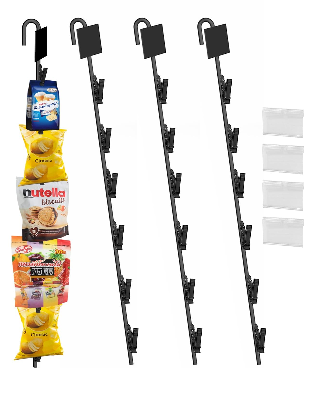 Strips Hooks Chip Rack Display Hanging 16.5 Inches with 6 Chip Black Greeting Card Hooks for Party Vendors Chip Bag Holder Snack Candy Portable Retail Organizer Storage Metal with Label Header 4 Pack