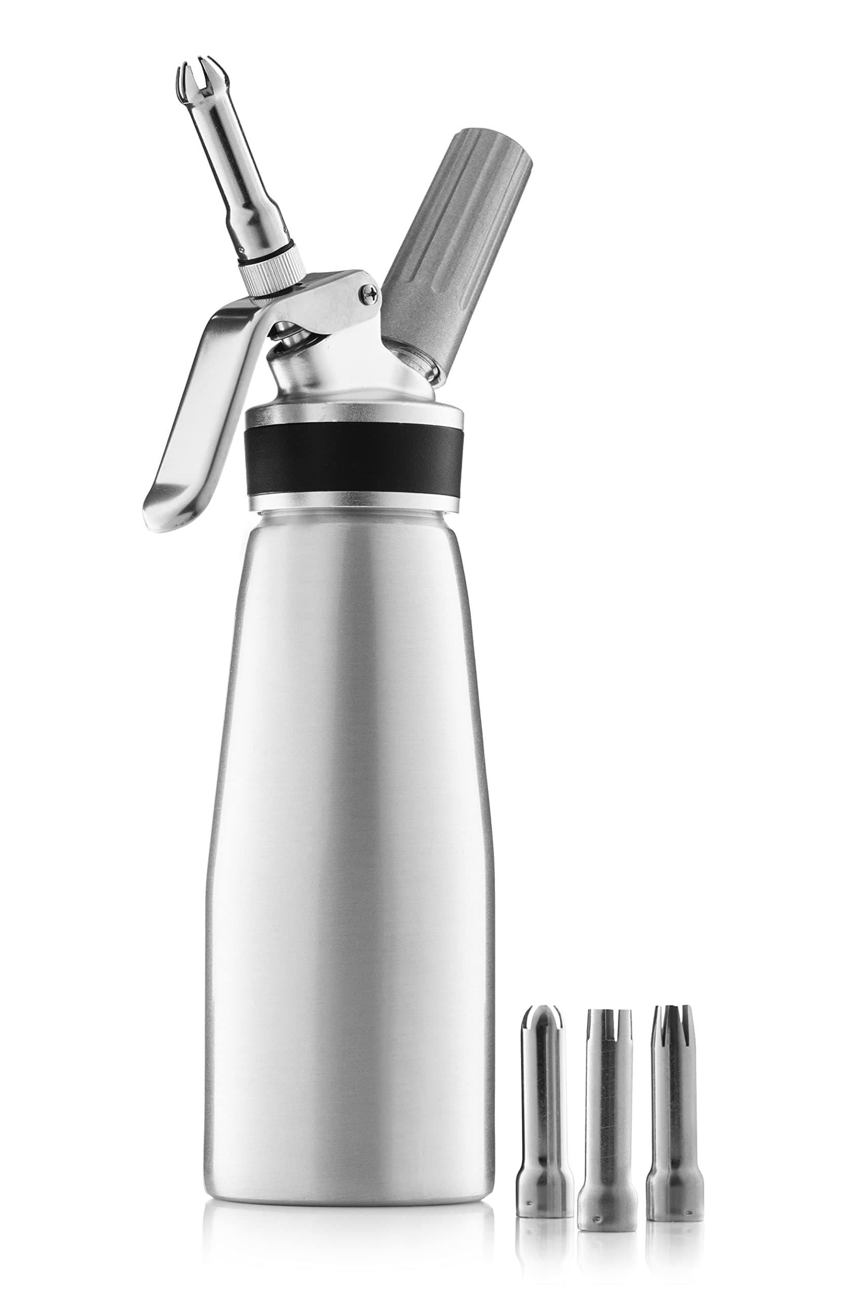 KASHIWA Professional Whipped-Cream Dispenser - Highly Durable Aluminum Cream Whipper, 3 Various Stainless Culinary Decorating Nozzles and 1 Brush - Whip-Cream Canister with Recipe Guide (Silver)