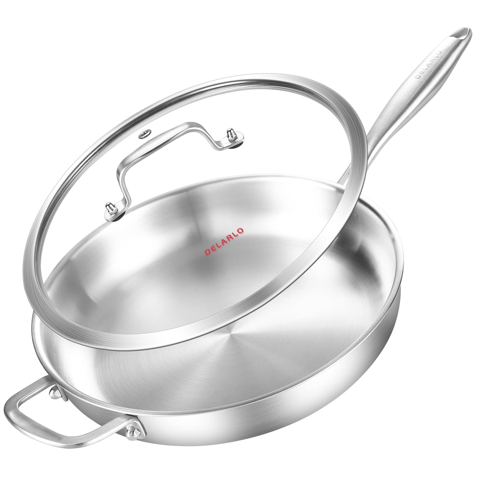 DELARLO Tri-Ply Stainless Steel Pan with Lid 12inch丨Compatible with All Cooktops Up to 600℉丨Stainless Steel Skillet 12 inch丨Heavy Duty丨Frying Pan with Lid丨18/10 Large Cooking Surface