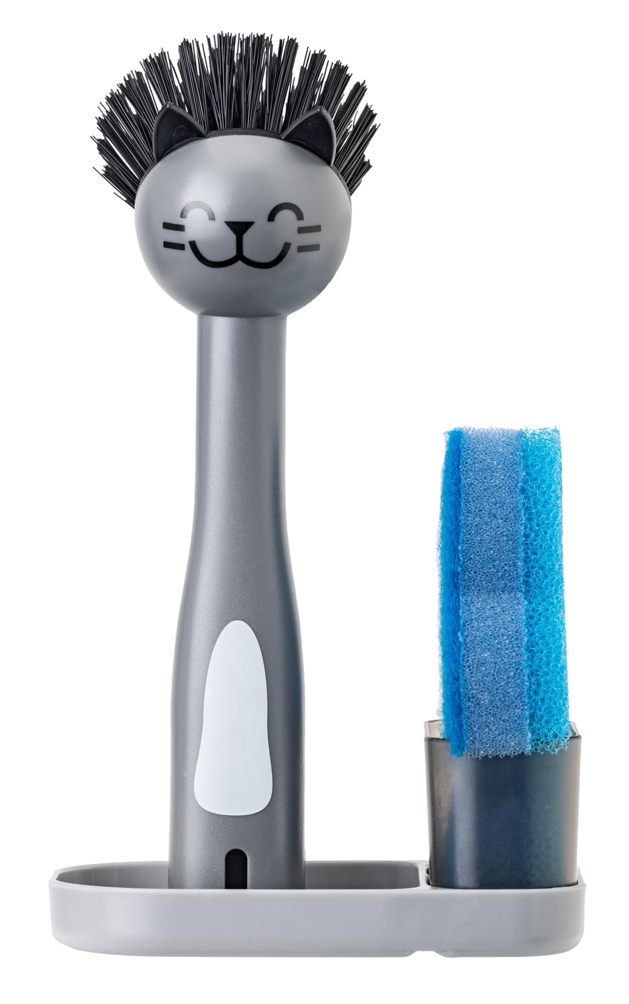 Vigar Pets Club 3-in-1 Gray Cat Dish Brush, Blue Fish Sponge and Tray for Brush and Sponge Holder for Kitchen Sink, Sponges for Dishes Cat, Dog Bowls