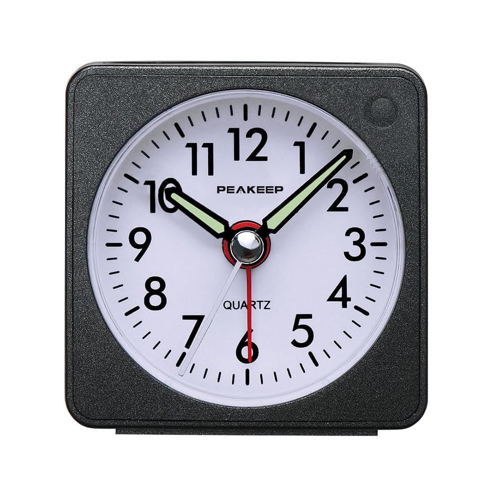 Ultra Small, Battery Travel Alarm Clock with Snooze and Light, Silent with No Ticking Analog Quartz (Black)