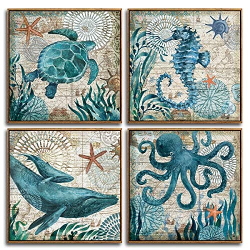 YOOOAHU4 Pieces Canvas Prints Home Wall Decor Art Collection of Marine Animals Watercolor Sea Turtle Seahorse Whale Octopus Ocean Animal Pictures Modern Artwork Ready to Hang -12"x12"x4 Panels(MLK)