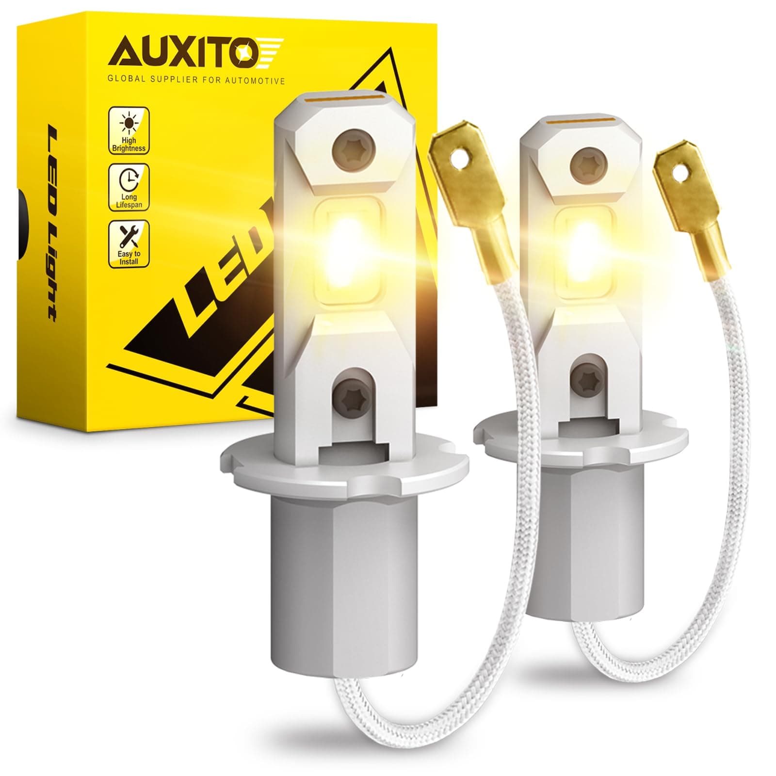 AUXITO H3 LED Fog Light Bulbs 3000K Yellow, Super Penetration, 1:1 Mini Size, Plug n Play, H3ll LED Bulb Light for Fog Lamp, DRL, Pack of 2