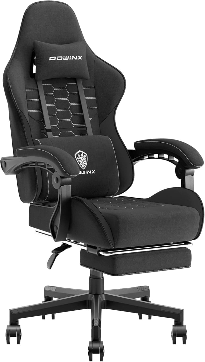 Dowinx Gaming Chair Fabric with Pocket Spring Cushion, Massage Game Chair Cloth with Headrest, Ergonomic Computer Chair with Footrest 290LBS, Charcoal Black