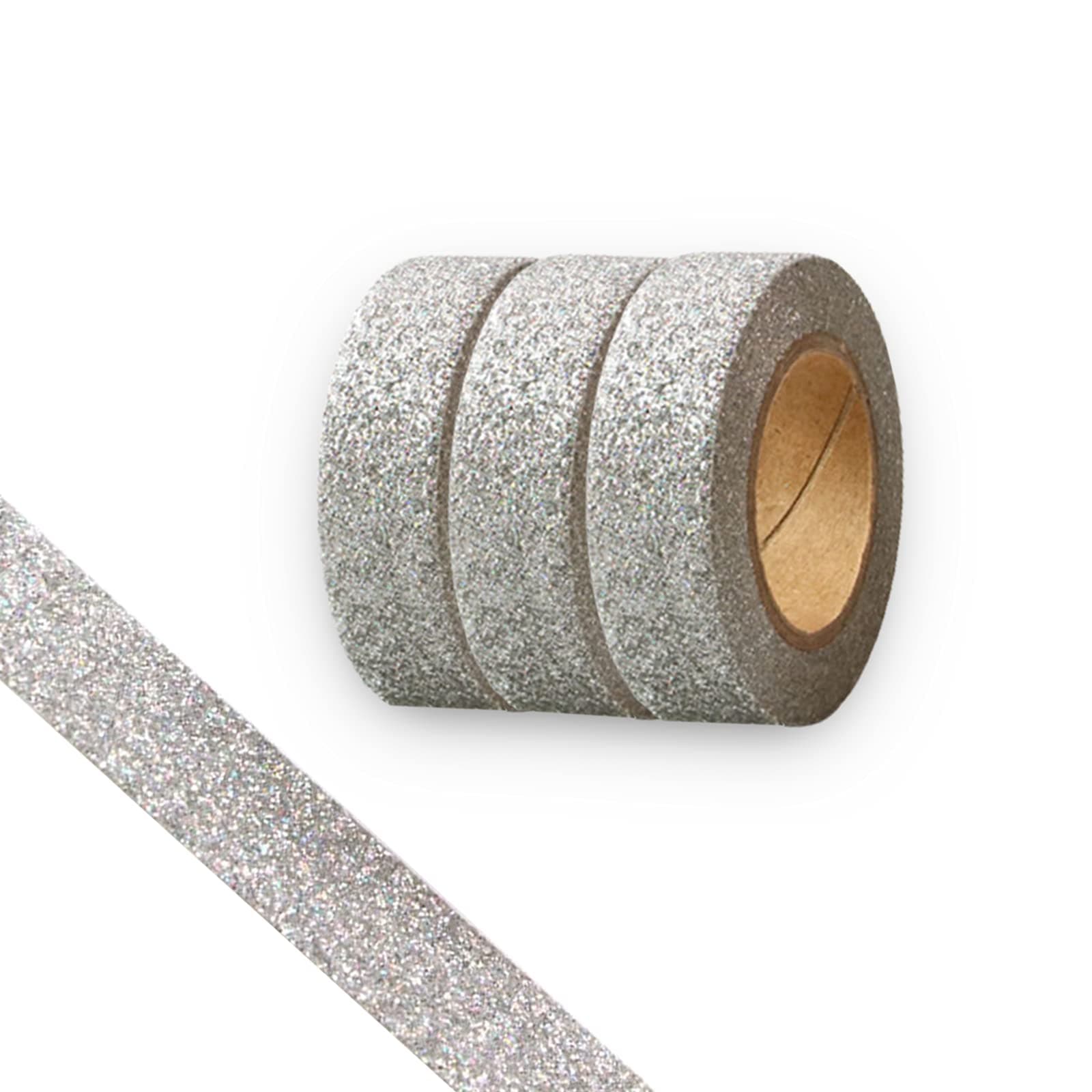 Glitter Washi Tape,3 Rolls 5/8"(15mm) silver Decorative Tape, Craft Self Adhesive Stick On Sticky Glitter Trim Gold ,Supplies for DIY, Bullet Journal, Craft, Gift Wrapping, Scrapbooking (Laser silver)