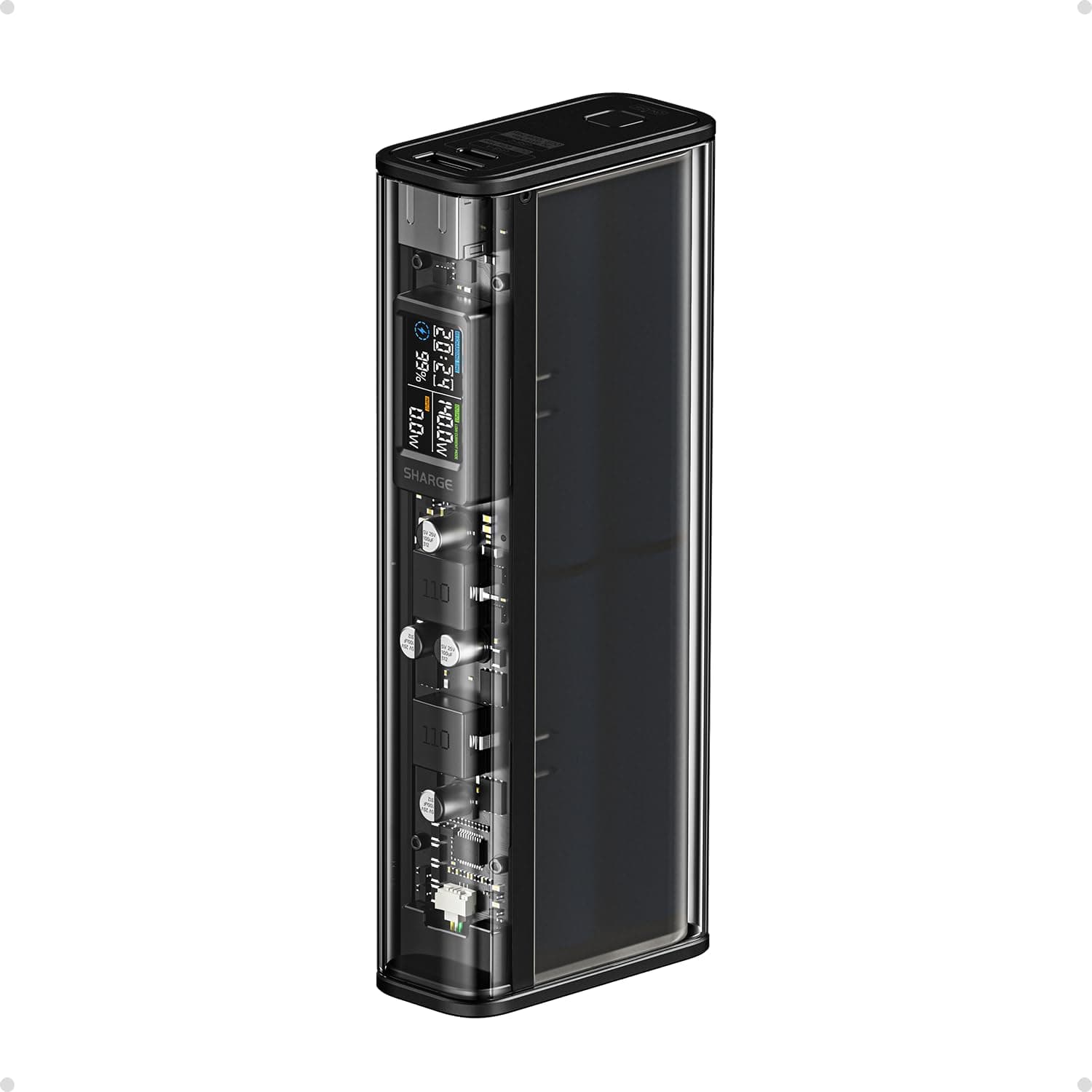 SHARGEEK 140 Power Bank, 140W Output 20000mAh Portable Charger with Screen Display, Transparent, USB C& USB A Port Laptop Power Bank for iPhone 17/16/15/14 Series MacBook Steam Deck