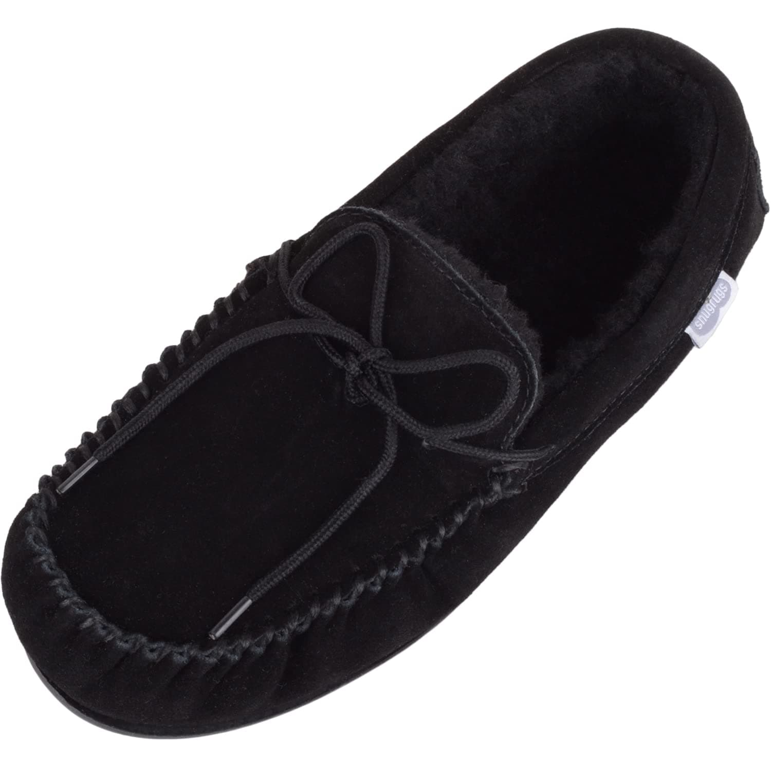 SNUGRUGS Men's Suede Sheepskin Moccasin Slippers with Rubber Sole (8, Black)