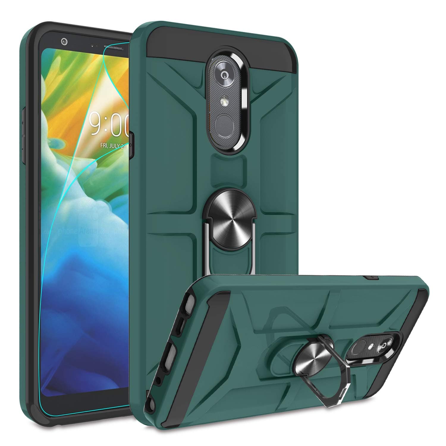 ATUMP LG Stylo 4 Case, LG Stylo 4 Phone Case with HD Screen Protector, 360°Rotation Ring Holder Kickstand [Work with Magnetic Car Mount] PC+ TPU Phone Case for LG Stylo 4, Midnight Green